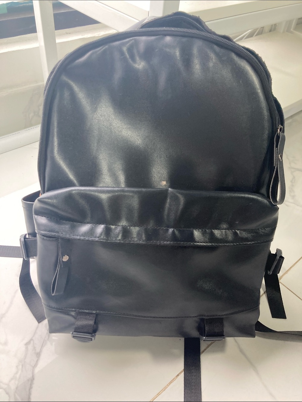 Black Men's Faux Leather Backpack - Minimalist Everyday Bag